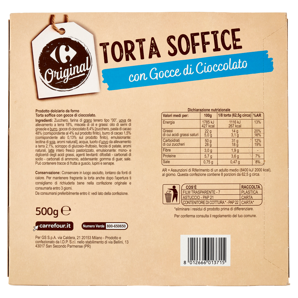 Carrefour Original Torta Soffice con Gocce di Cioccolato 500 g