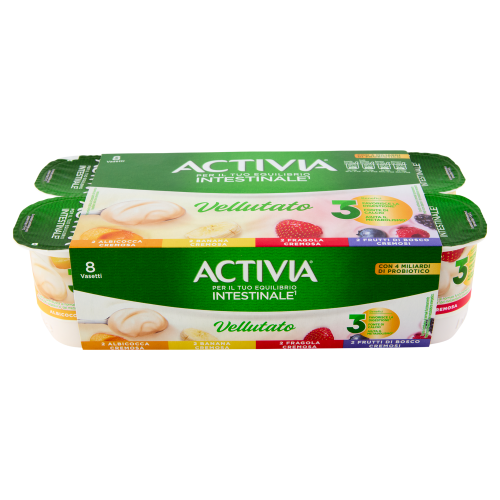 ACTIVIA Yogurt con Probiotico Bifidus, vellutato Albicocca/Banana/Fragola/Frutti di Bosco, 8x125g