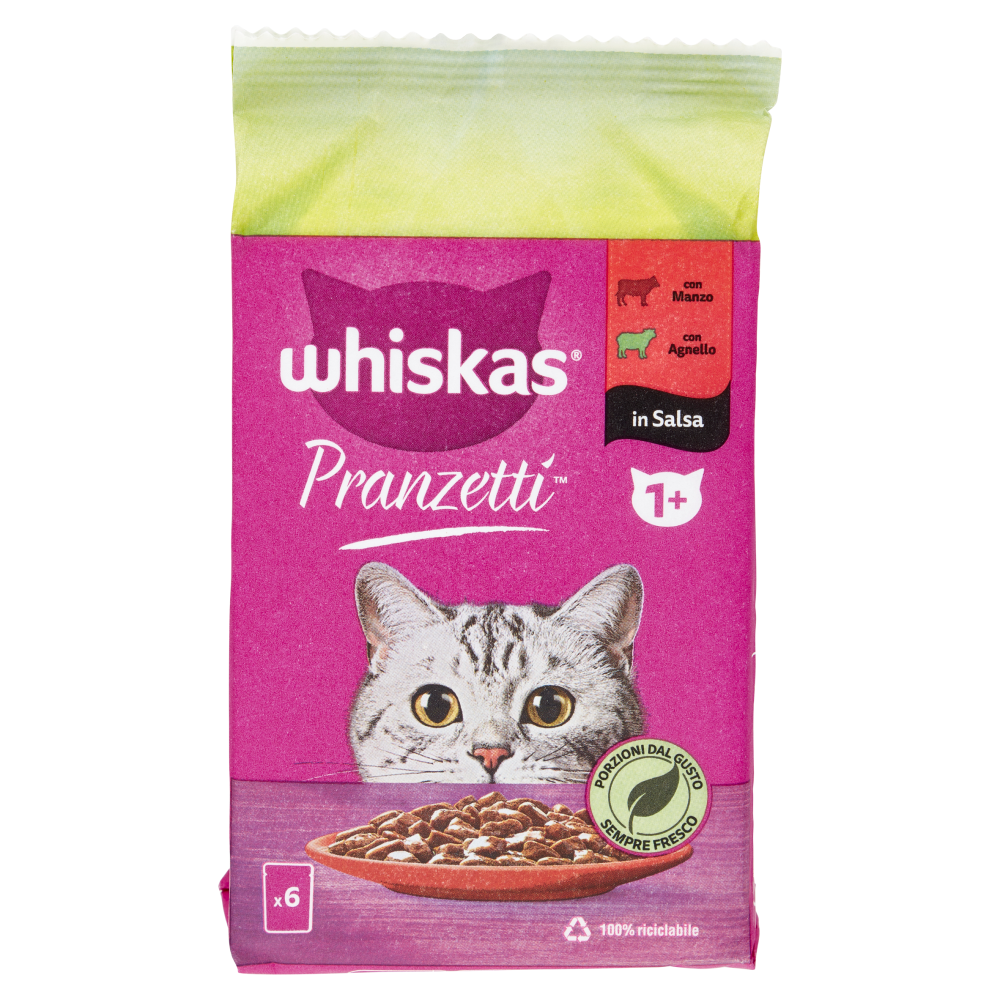 Whiskas Pranzetti Cibo Umido Gatto con Manzo e Agnello in Salsa 6 x 50 g