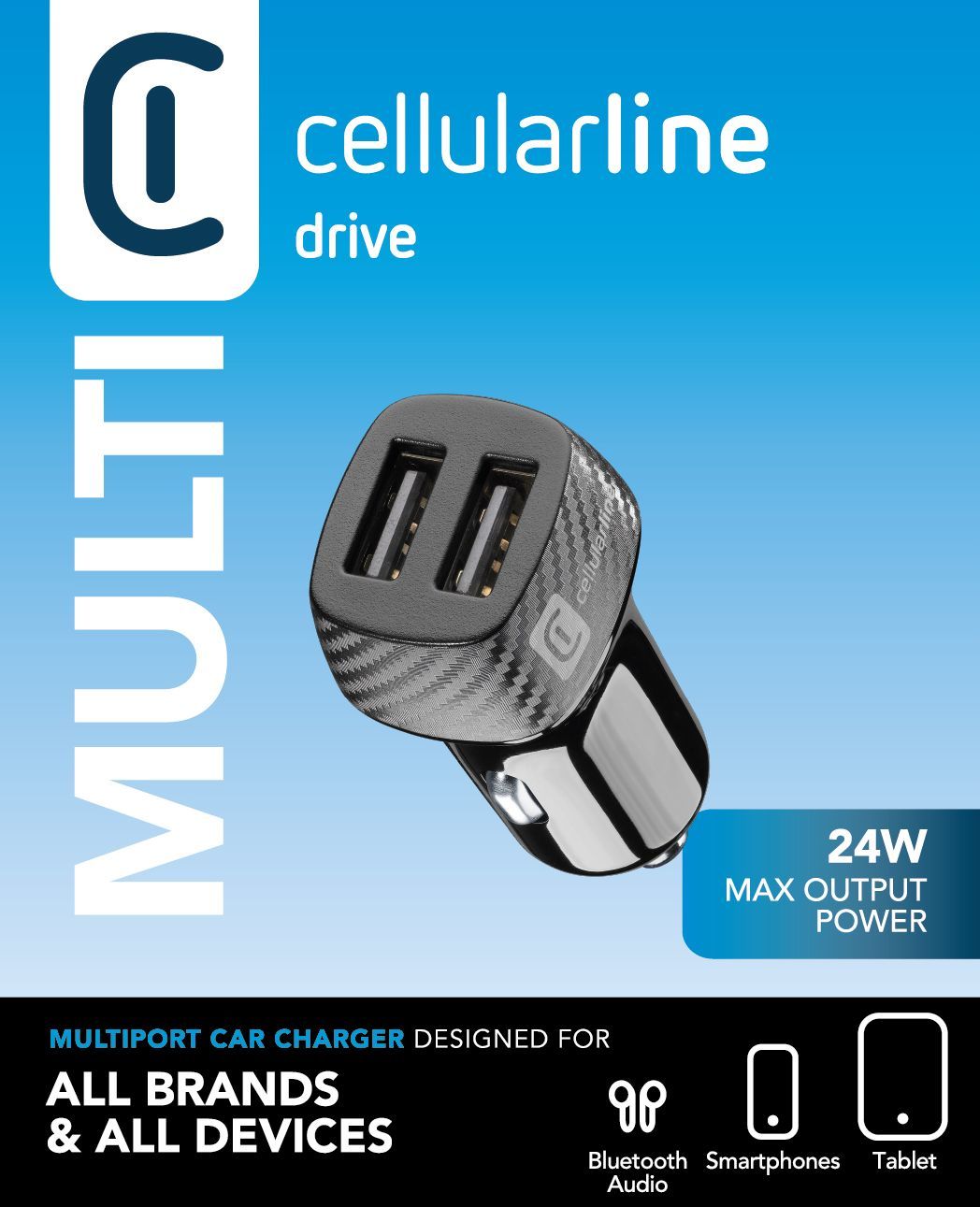 Cellularline Car Multipower 2 - iPhone, Samsung, Xiaomi, Oppo and other Smartphones and Tablets Caricabatterie da auto veloce 2 porte, 24W