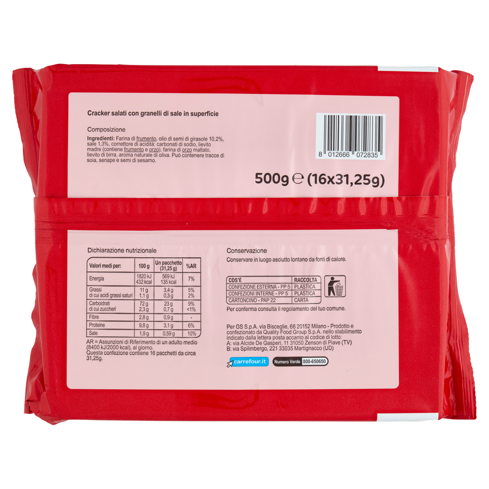 Carrefour Classic Cracker Salati con Granelli di Sale in Superficie 16 x 31,25 g