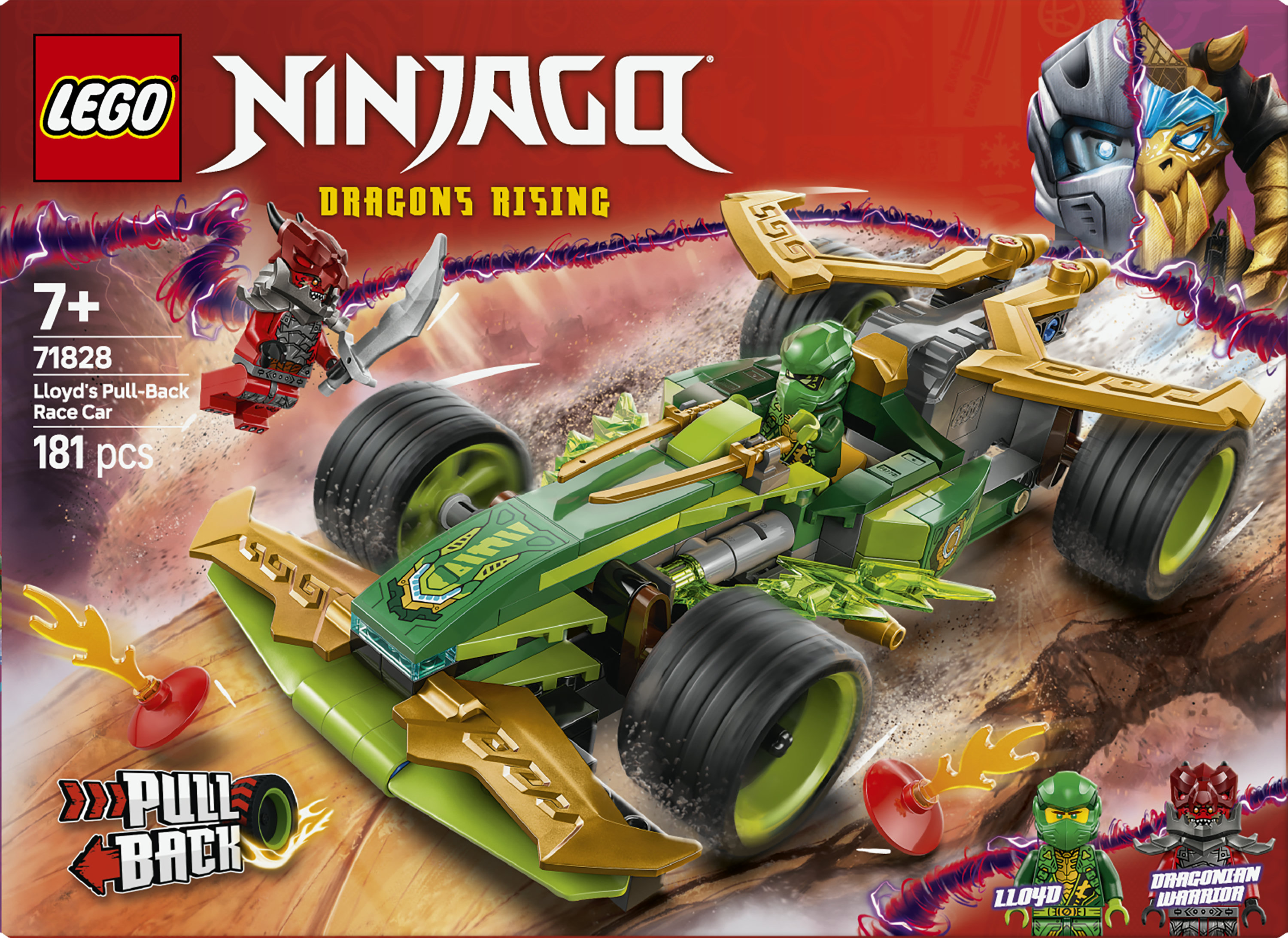 LEGO NINJAGO 71828 Racer Pull-Back di Lloyd - Modello di Auto da Corsa Giocattolo con 2 Minifigure e Armi, Giochi Bambini 7+
