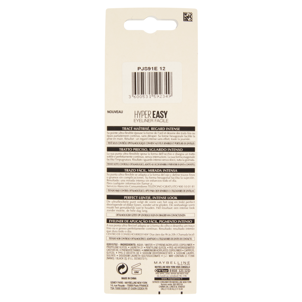 Maybelline New York Eyeliner in penna Hyper Easy, Tratto Continuo, Facile da Applicare, Nero