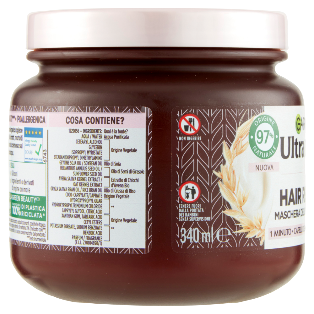 Garnier Ultra Dolce Hair Remedy Maschera per Capelli Delicata e Idratante Delicatezza d'Avena, 340ml