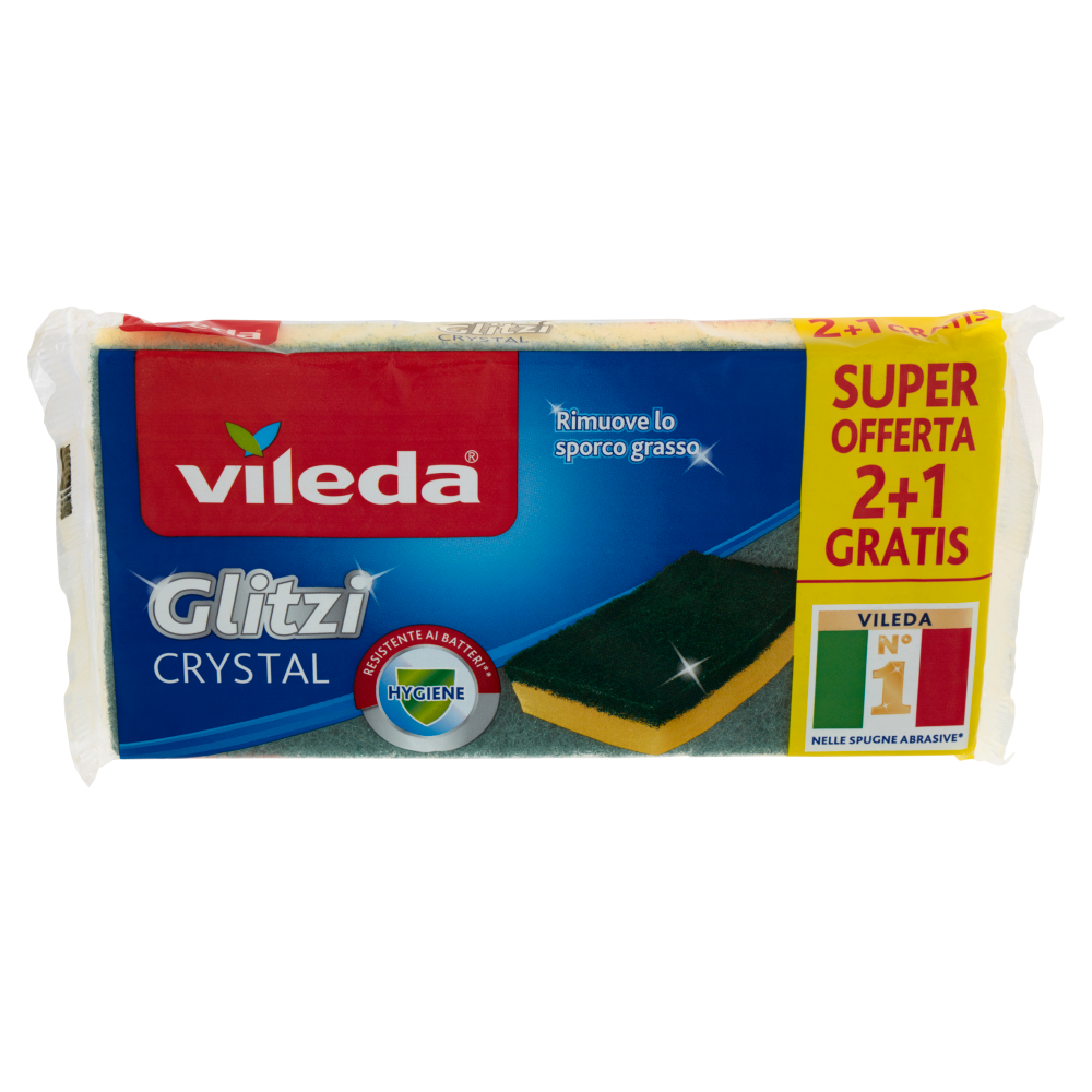 Vileda Glitzi Crystal - spugna abrasiva da cucina con trattamento antibatterico sulla fibra, 3x