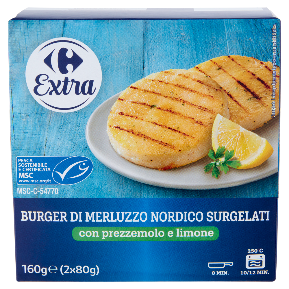 Carrefour Extra Burger di Merluzzo Nordico Surgelati con prezzemolo e limone 2 x 80 g