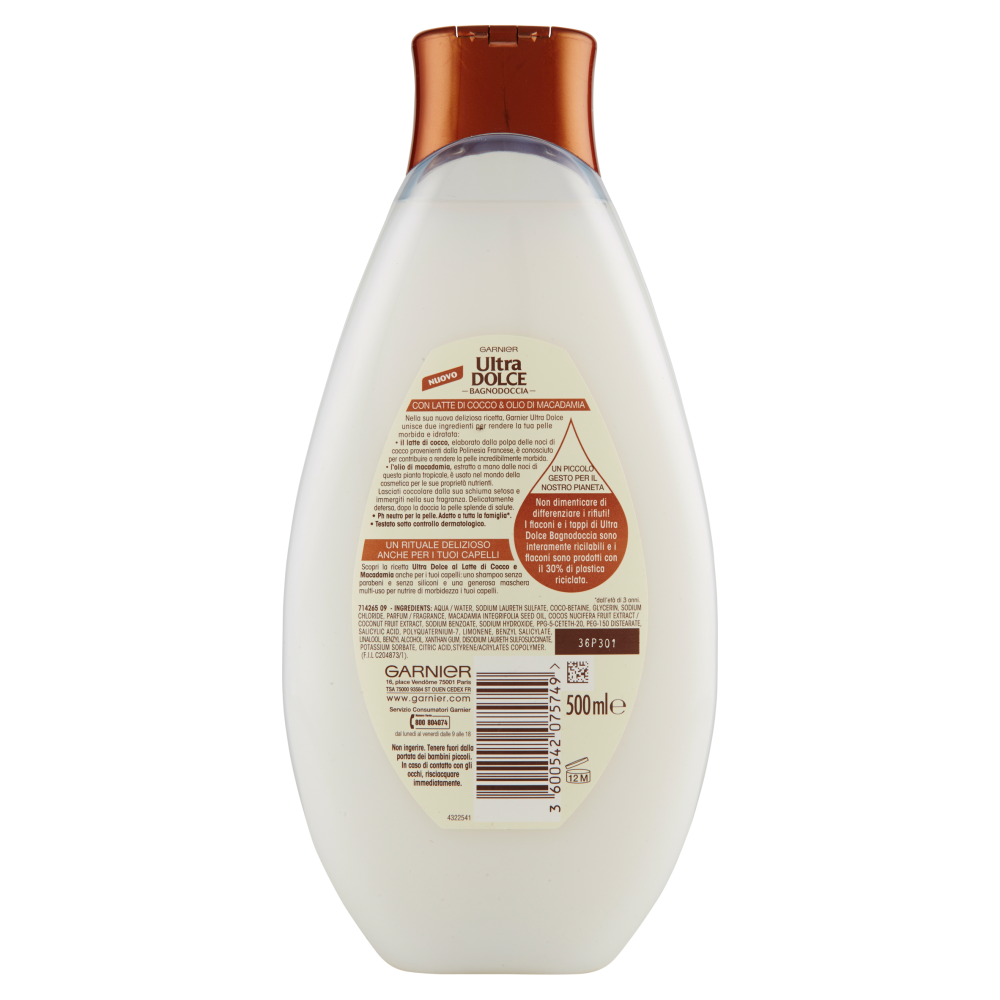 Garnier Ultra Dolce Bagnodoccia Latte di Cocco e Macadamia - Bagnoschiuma idratante - 500 ml