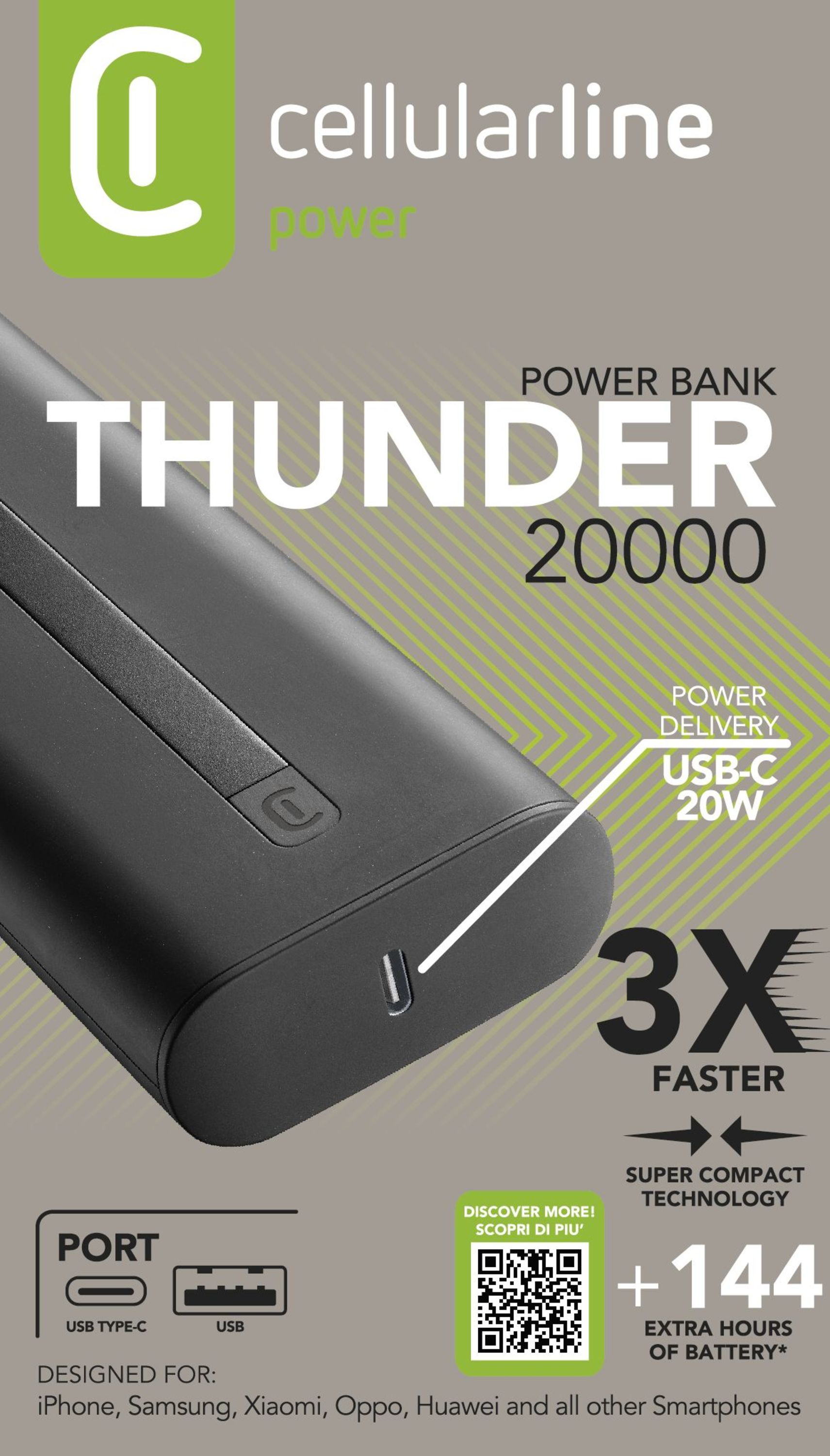 Cellularline Power Bank THUNDER 20000 Caricabatterie portatile extra compatto