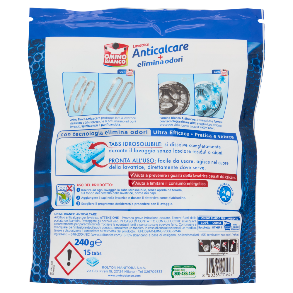 Omino Bianco Lavatrice Anticalcare Elimina Odori 15 Tabs 240 G 