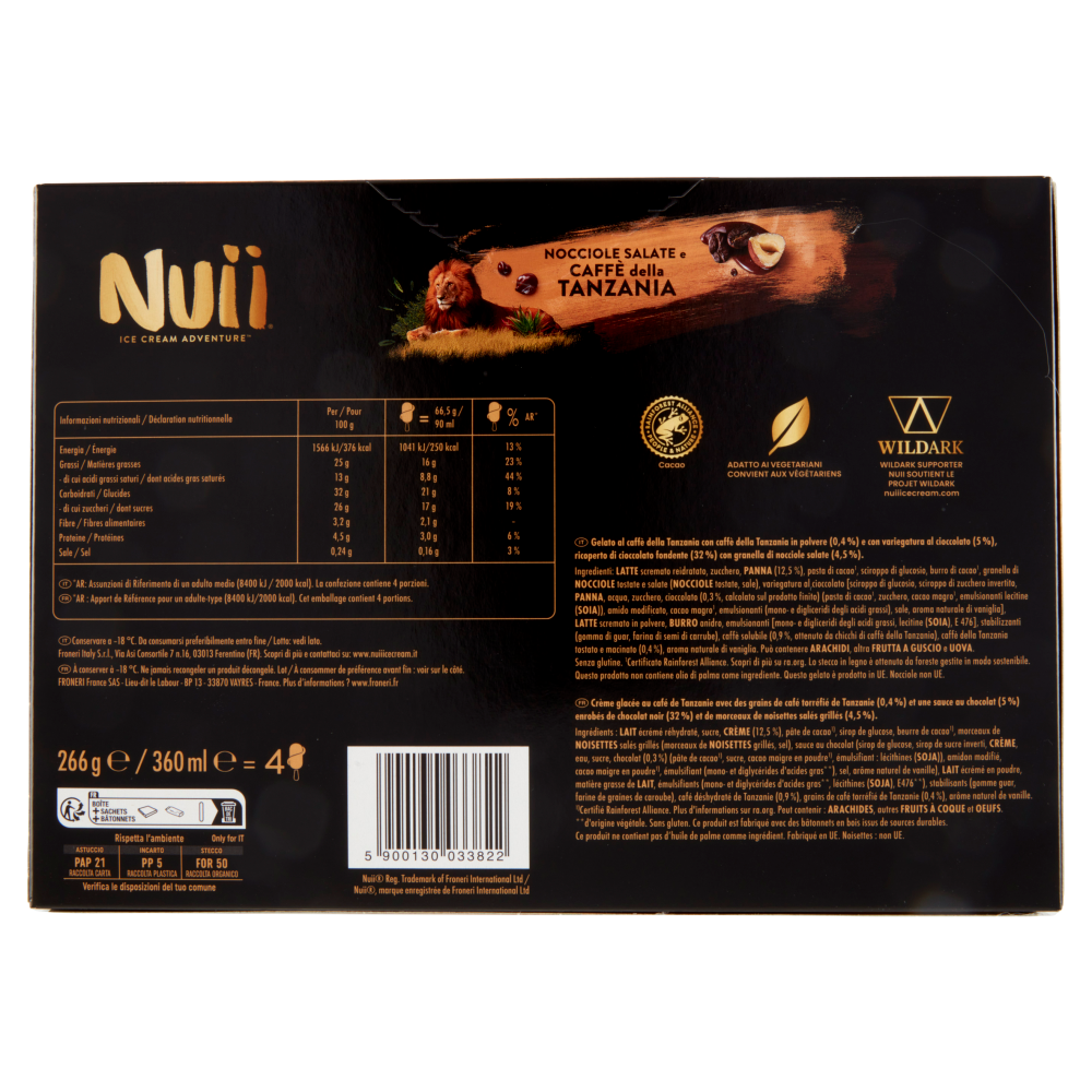 NUII Nocciole Salate e Caff&egrave; della Tanzania 4 x 66,5 g