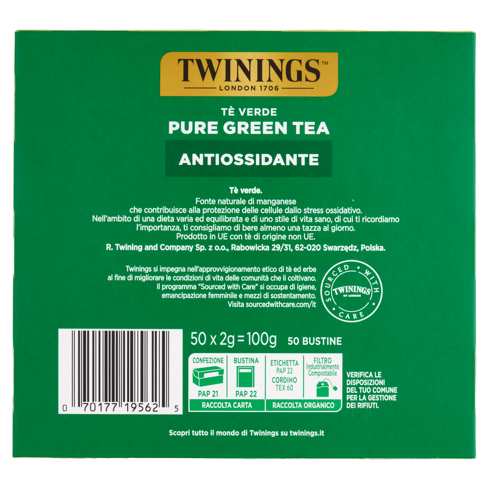 Twinings Pure Green Tea Tè Verde Antiossidante 50 filtri The 100 g