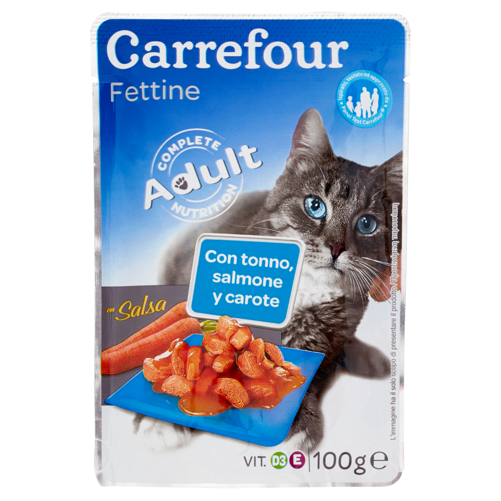 Carrefour Adult Fettine in salsa con tonno, salmone e carote per gatti 100 g
