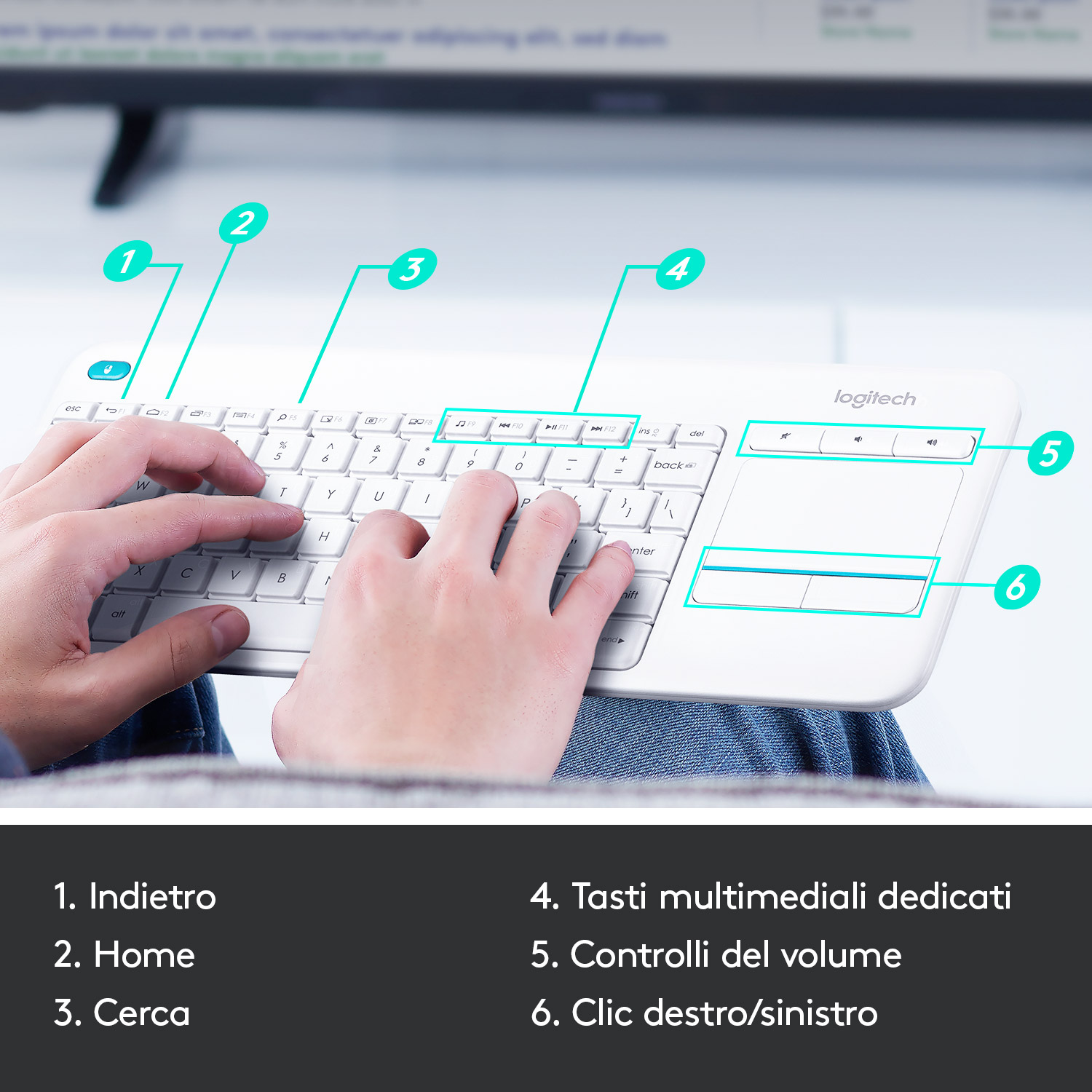 Tastiera Wireless Logitech K400 Plus Con Touchpad - Controllo TV Multimediale, Layout QWERTY Internazionale - Foto 3