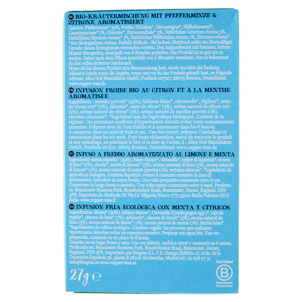 CUPPER Infuso a freddo Biologico di Menta e Limone 10 bustine