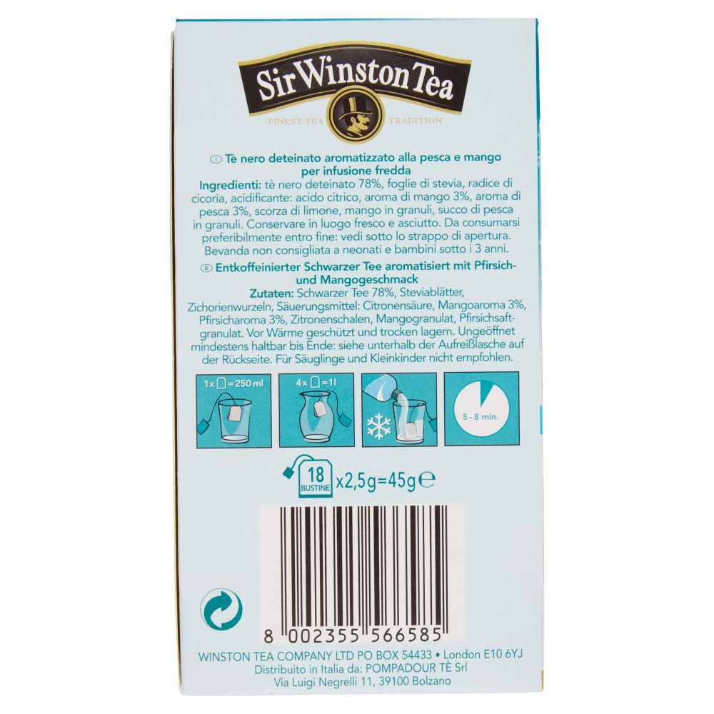 Sir Winston Tea Tè Freddo Ice Tea Pesca e Mango Deteinato 18 x 2,5 g
