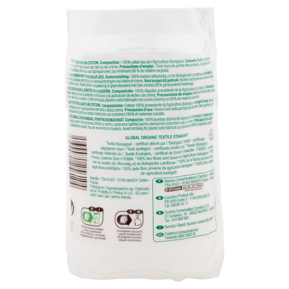 Carrefour Bio Soft Maxi Duo Dischetti Struccanti Morbidi 100% Cotone bio* 50 pz