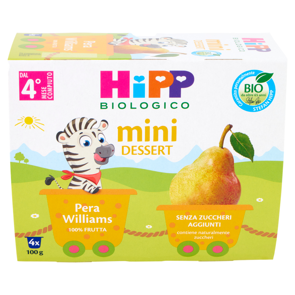 HiPP Biologico mini Dessert Pera Williams Senza Zuccheri Aggiunti 4 x 100 g