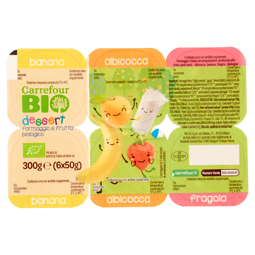 Carrefour Bio dessert formaggio e frutta biologico banana albicocca fragola 6 x 50 g