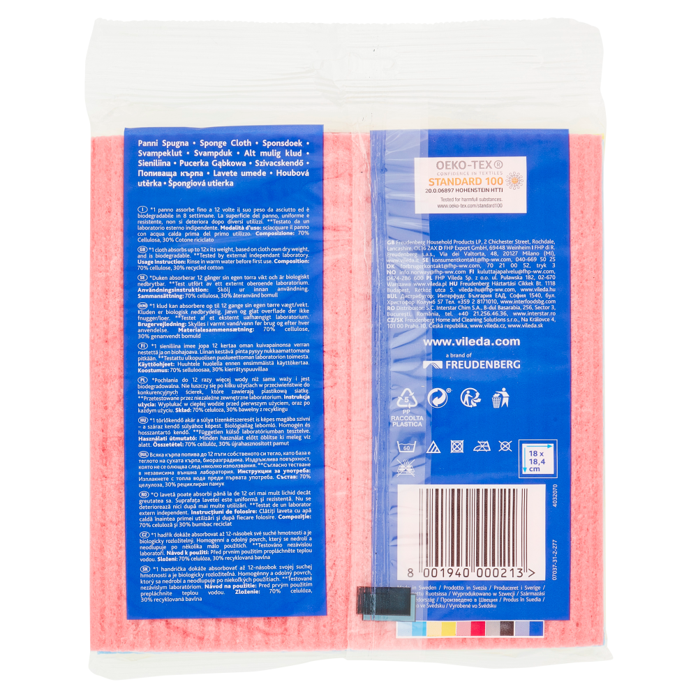 Vileda Panno spugna 100% naturale biodegradabile, composto da cellulosa e 30% cotone riciclato 3 pz