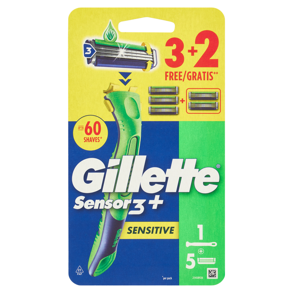 Gillette Sensor3+ Sensitive Rasoio da Uomo a 3 Lame 1 Manico + 3 Lamette + 2 Gratis**