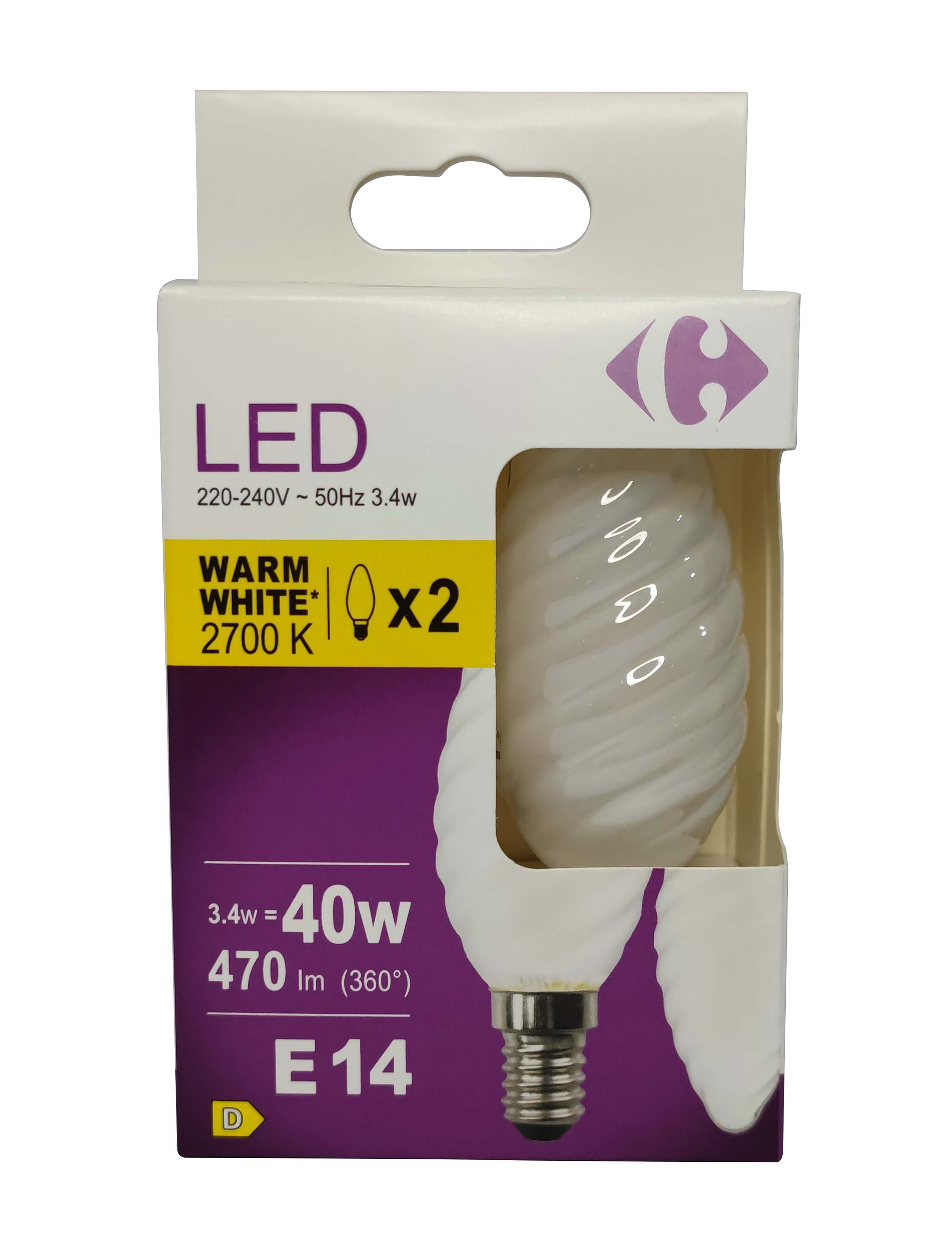 Carrefour 2 led tort smerigliata 40W, attacco E14, luce calda
