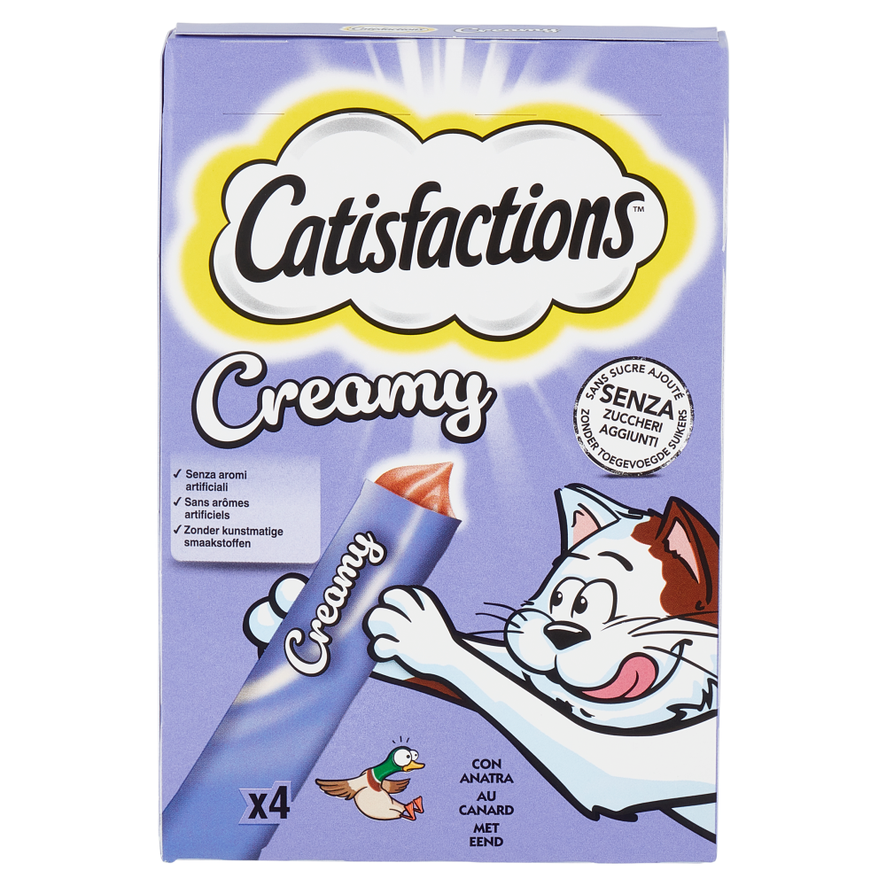 Catisfactions, Snack Cremoso Liquido per Gatto, con succulenta Anatra, 4 Confezioni da 10 g
