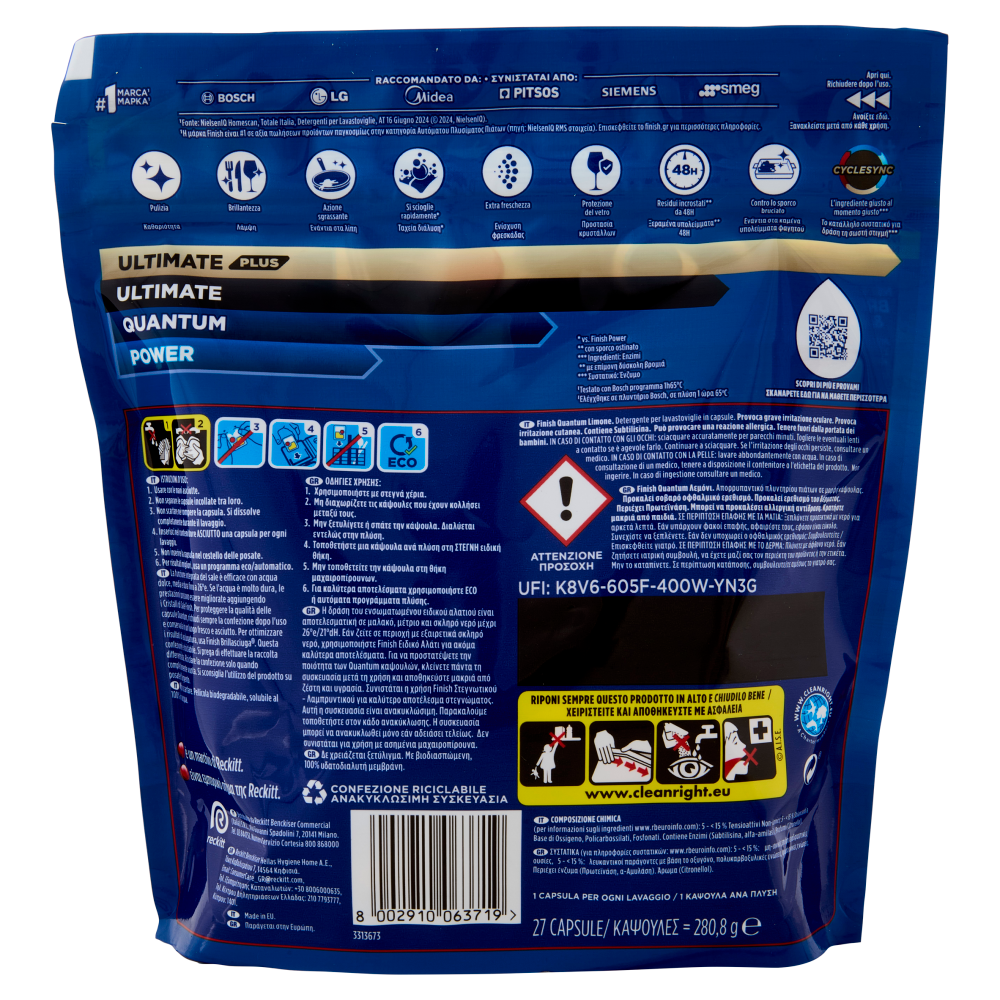 Finish Quantum Limone pastiglie lavastoviglie 27 lavaggi 280,8 g