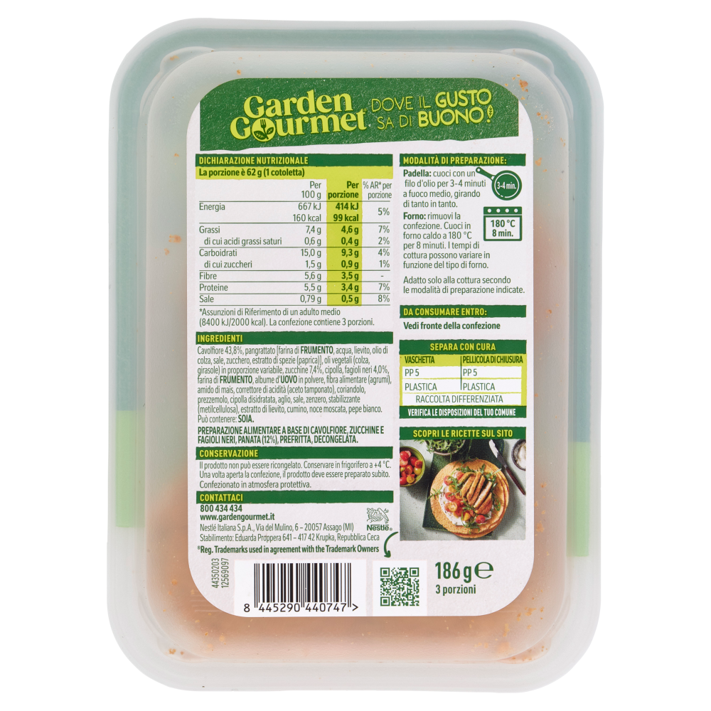 GARDEN GOURMET Cotolette Vegetariane 99kcal con Cavolfiore, Zucchine e Fagioli Neri 3 pezzi 186g
