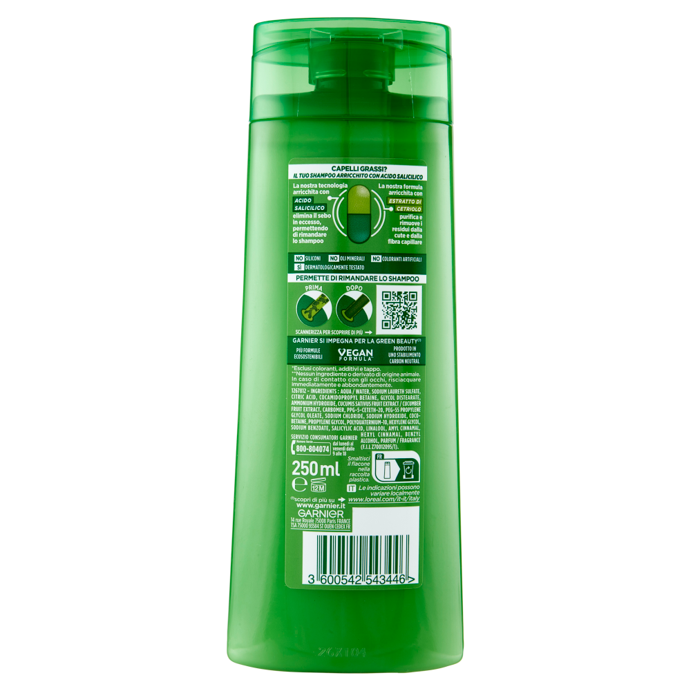 Garnier Fructis Shampoo Cucumber Fresh, shampoo purificante per capelli grassi, 250 ml