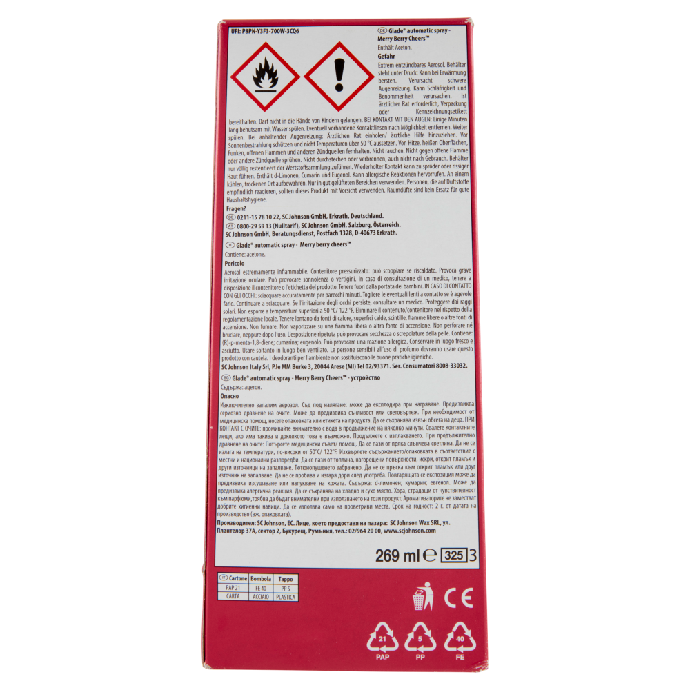 Glade Automatic Spray Profumatore Ambienti Diffusore con Ricarica Fragranza Merry Berry Cheers 269ml