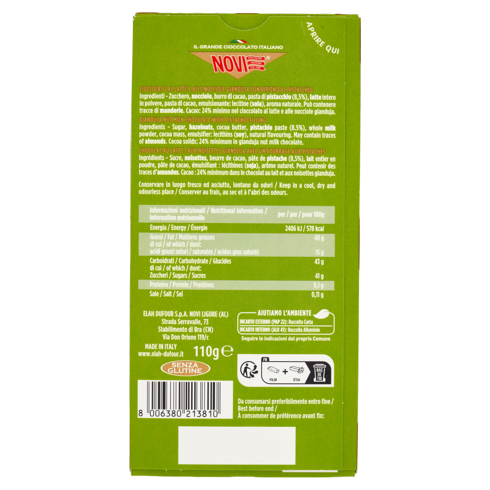 Novi Cuadro Pistacchio Tavoletta Cremino 110 g