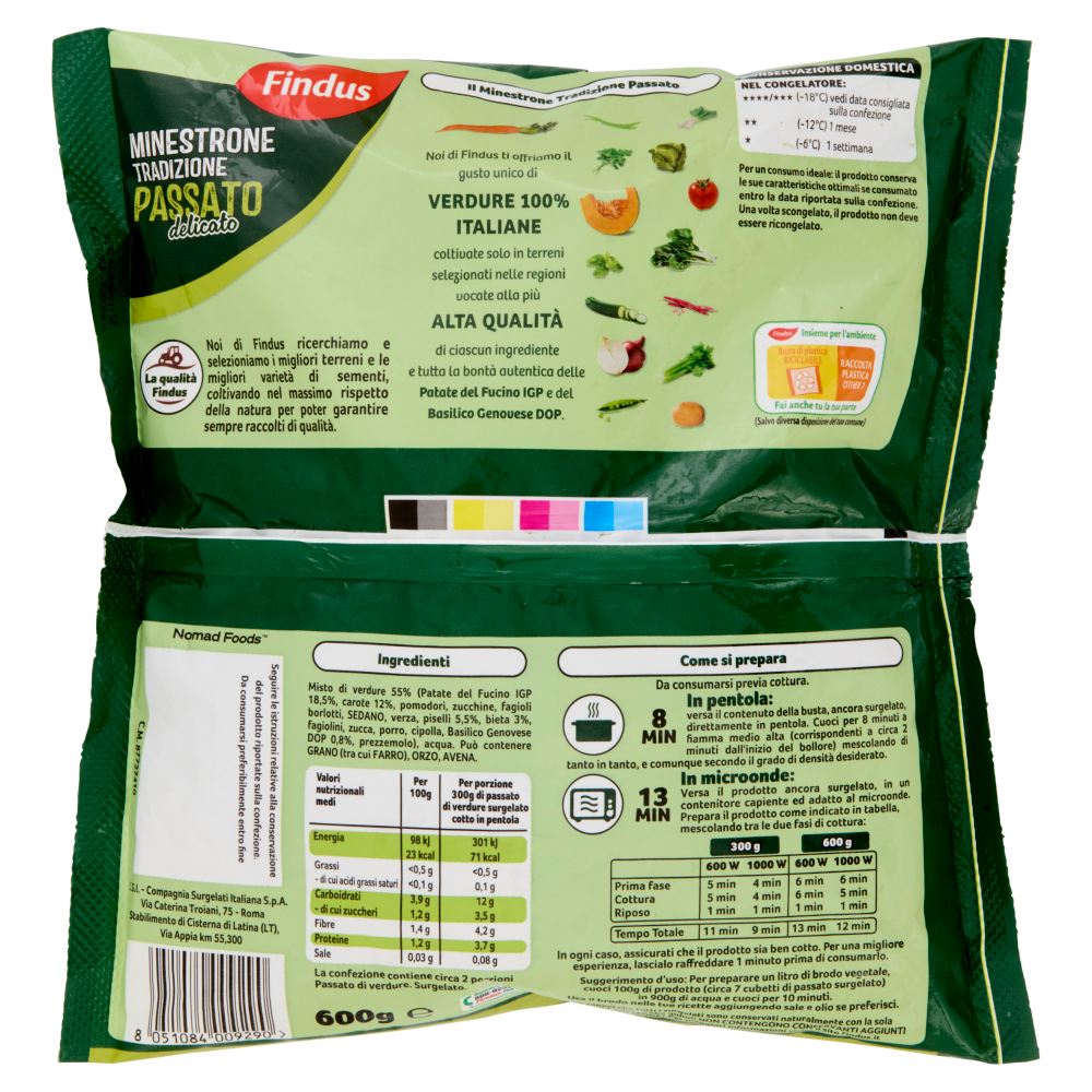 Findus Minestrone Tradizione Passato Delicato con Patate del Fucino IGP e Basilico Genovese DOP 600g