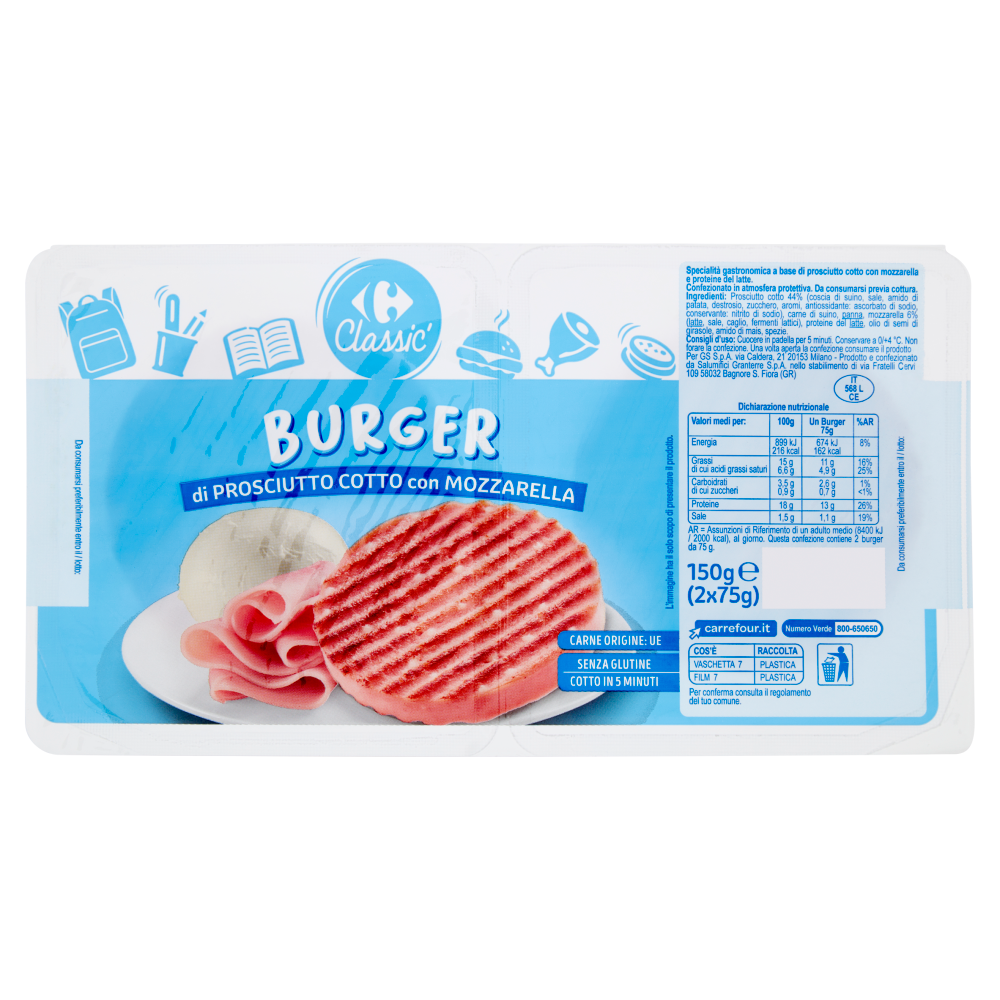 Carrefour Classic Burger di Prosciutto Cotto con Mozzarella 2 x 75 g
