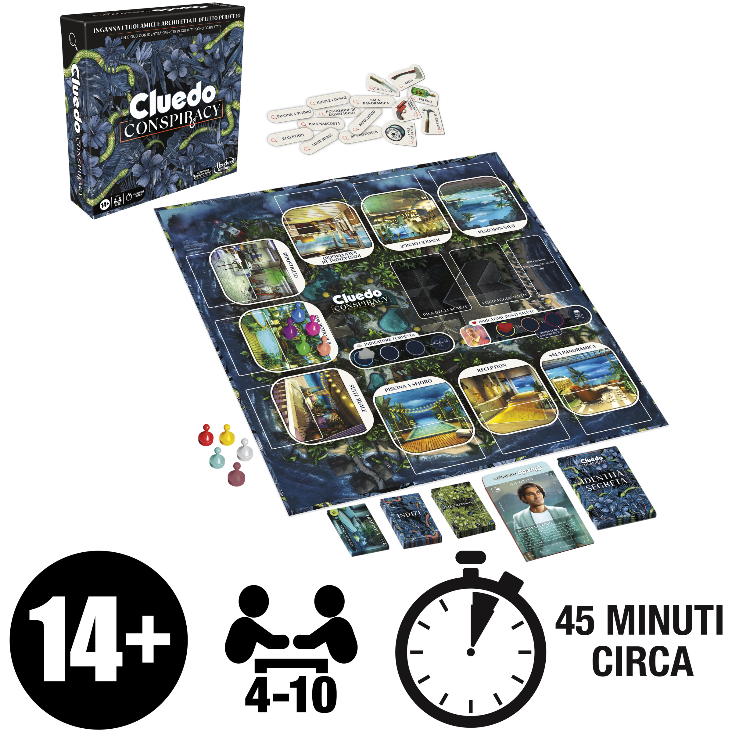 Cluedo Conspiracy, gioco da tavolo per adulti e ragazzi, dai 14 anni in su, gioco di strategia con identità segrete, per 4-10 giocatori