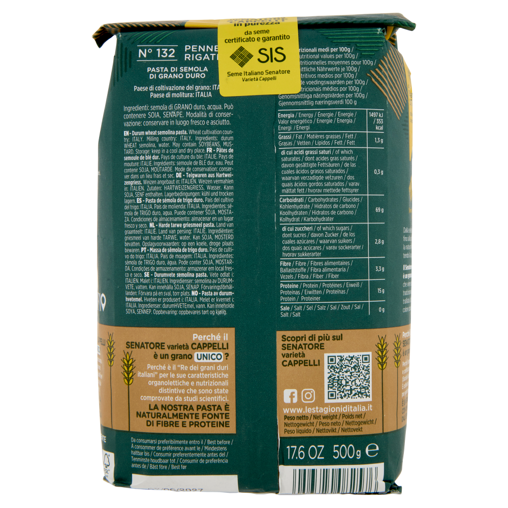Le Stagioni d'Italia Senatore varietà Cappelli Penne Rigate 500 g