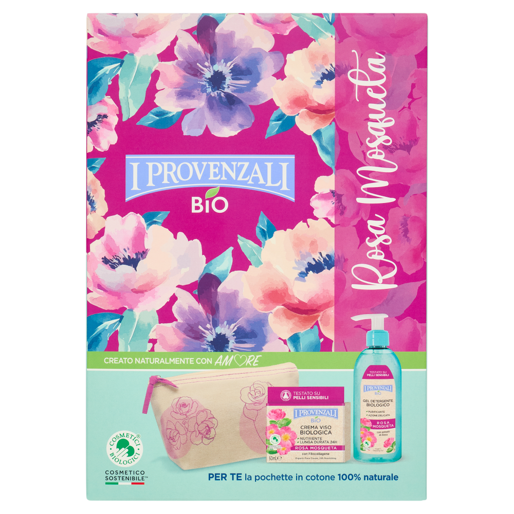 I Provenzali Bio Rosa Mosqueta Crema Viso Biologica 50mL + Gel Detergente Biologico 150mL + Pochette