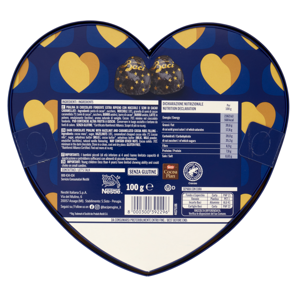 BACI PERUGINA Fondente 70% Cioccolatini Fondenti ripieni Gianduia Scatola Cuore San Valentino 100g