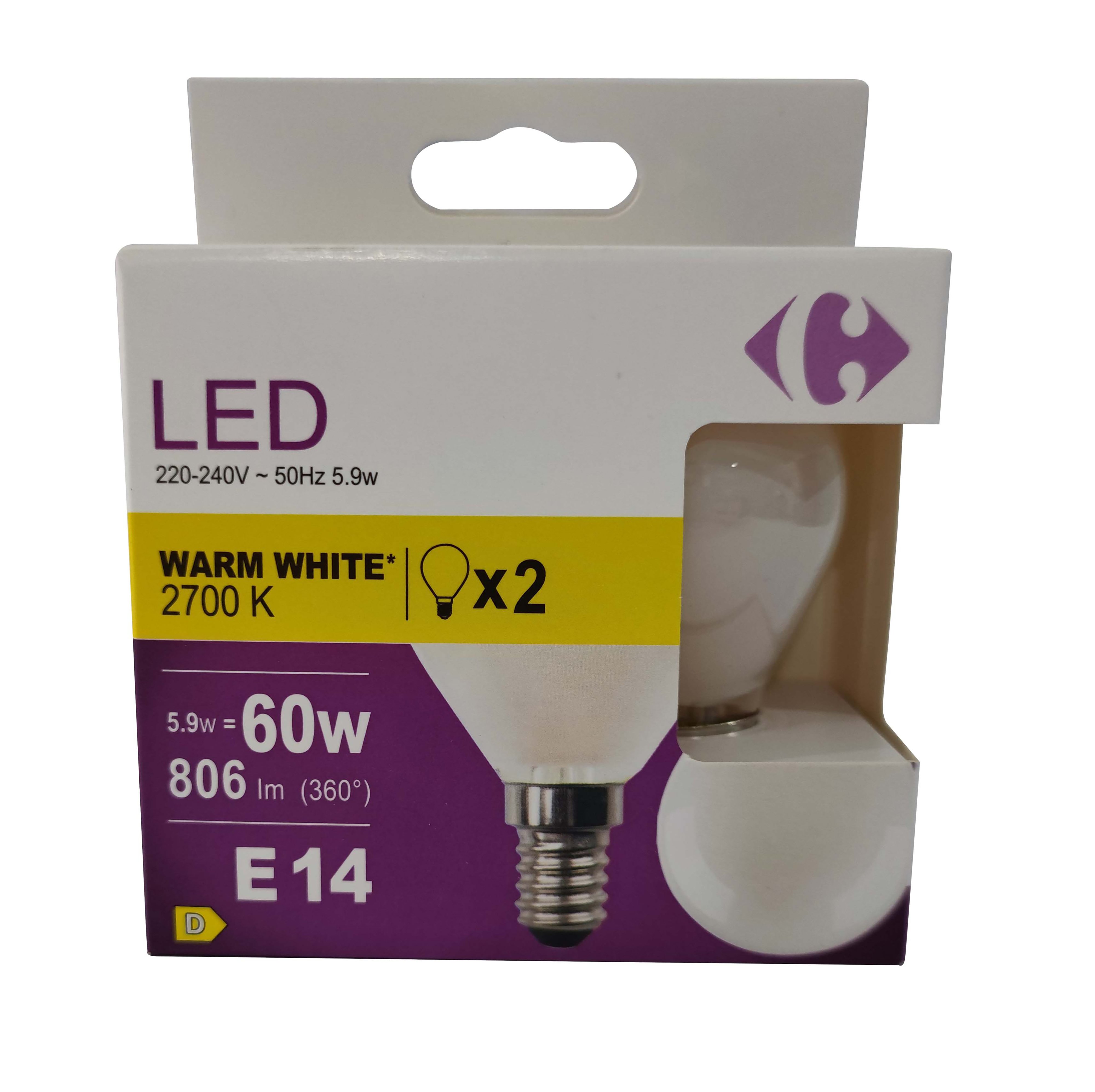 Carrefour 2 led sfer smerigliata 60W, attacco E14, luce calda