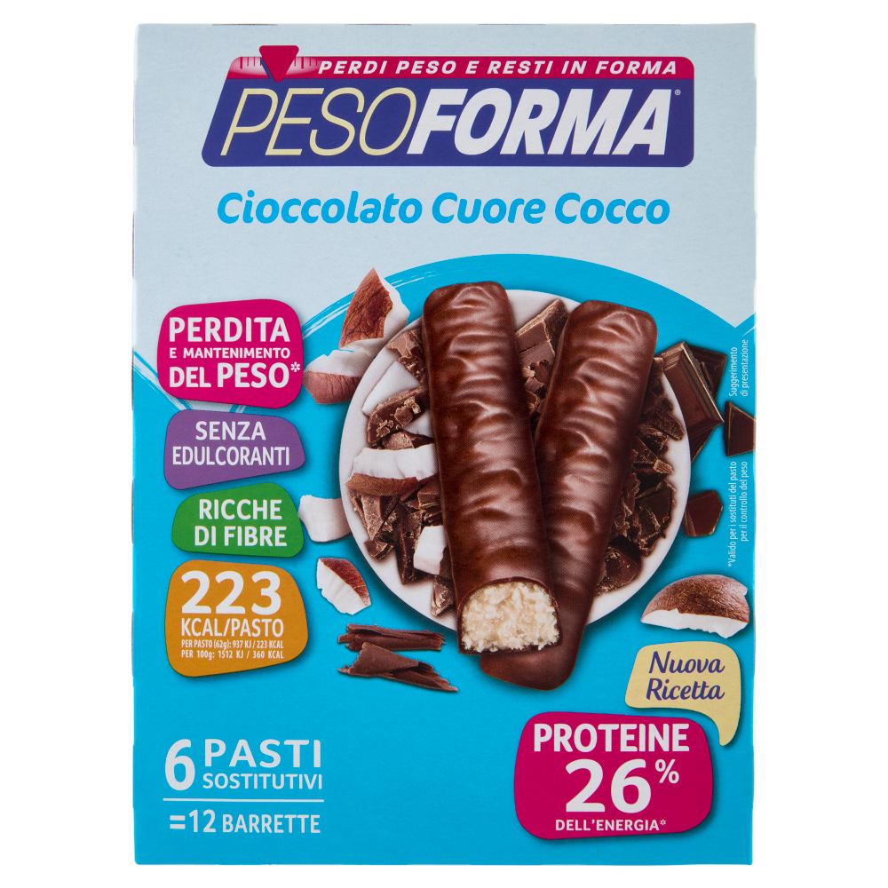 Pesoforma Cioccolato Cuore Cocco, sostitutivo del pasto ricco di fibre, 223 kcal per pasto, 372g