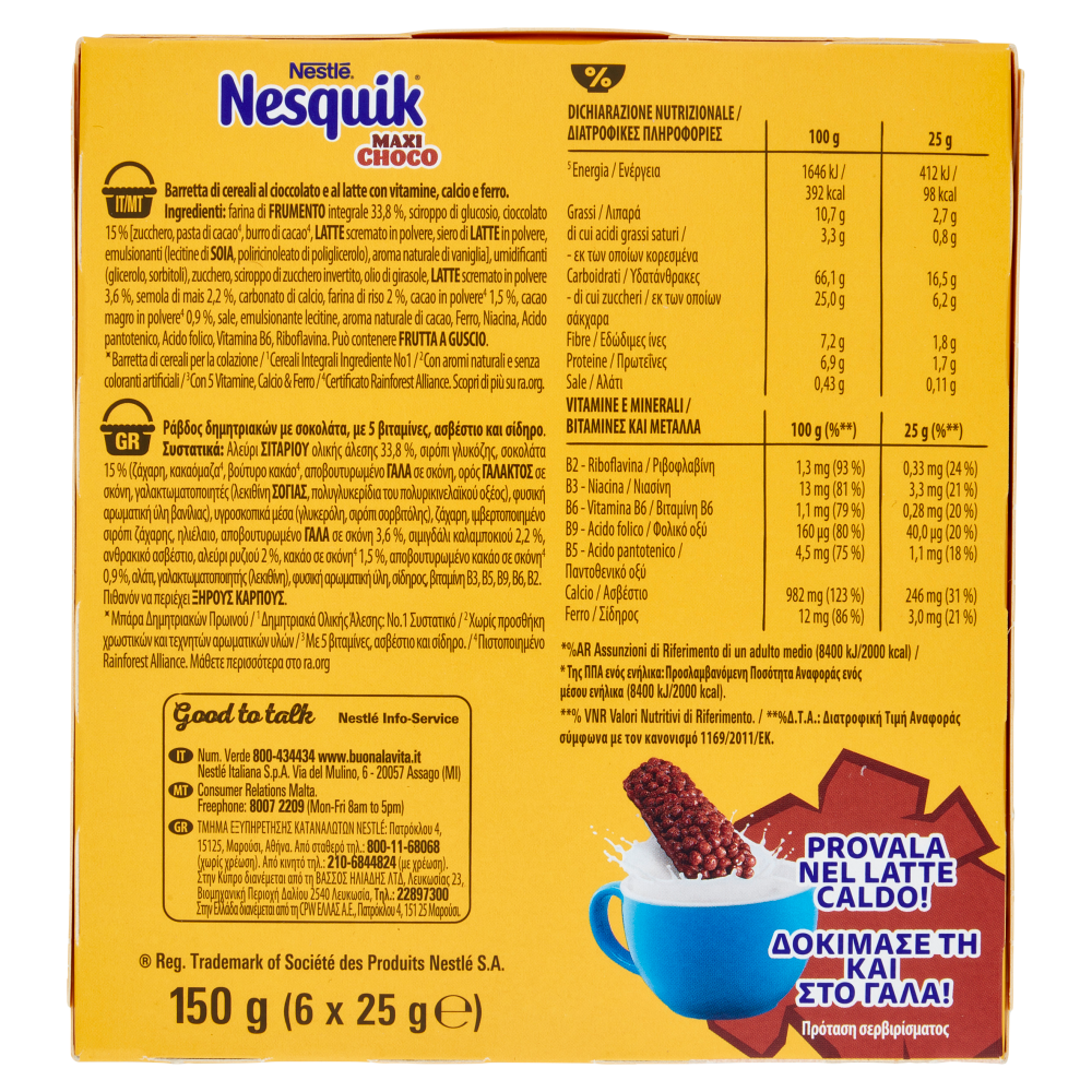 NESQUIK Maxi Choco Barrette Cereali Integrali con Cioccolato al Latte 6 pezzi da 25 g