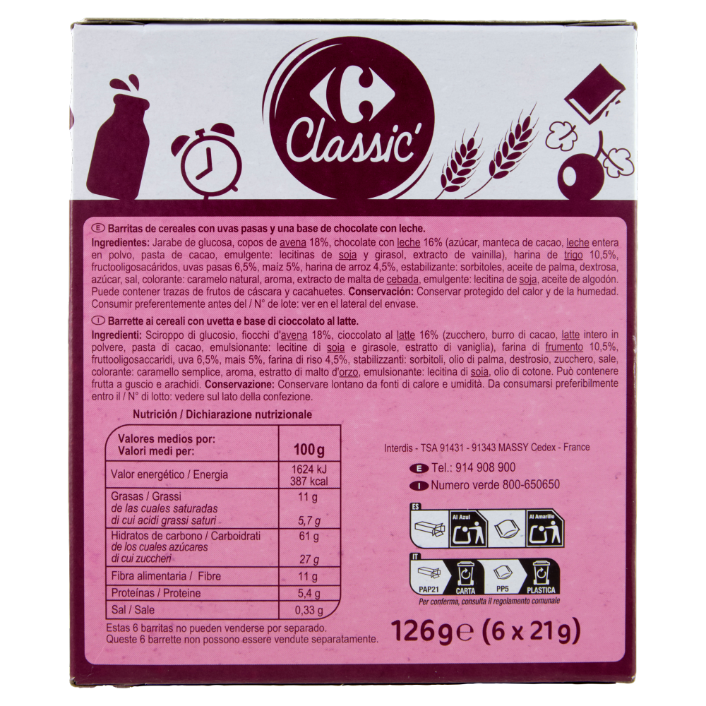 Carrefour Classic Cioccolato & Uvetta 4 Cereali 6 x 21 g