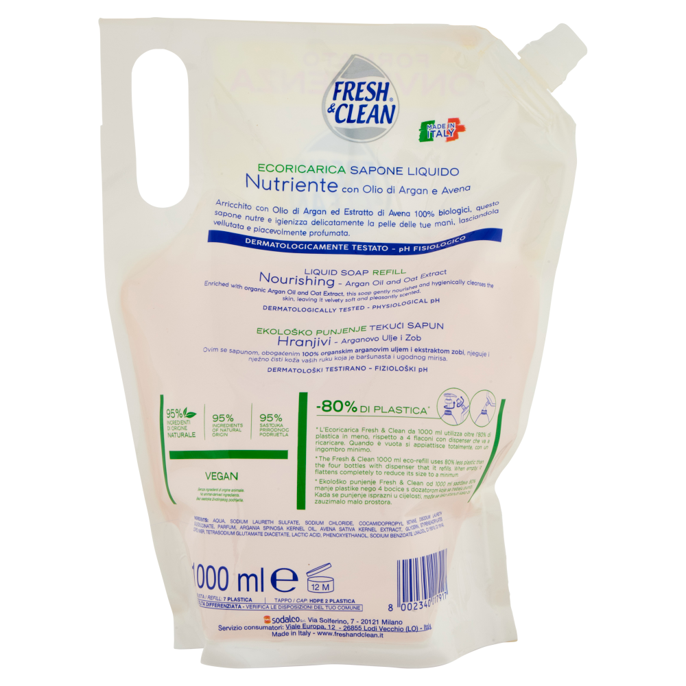 Fresh & Clean Sapone Liquido Nutriente Olio di Argan e Avena Ecoricarica 1000 ml