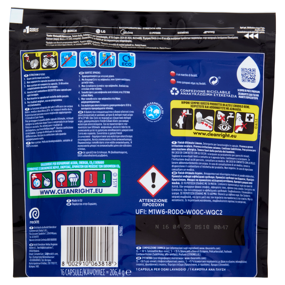 Finish Ultimate Limone pastiglie lavastoviglie 16 lavaggi 206,4 g