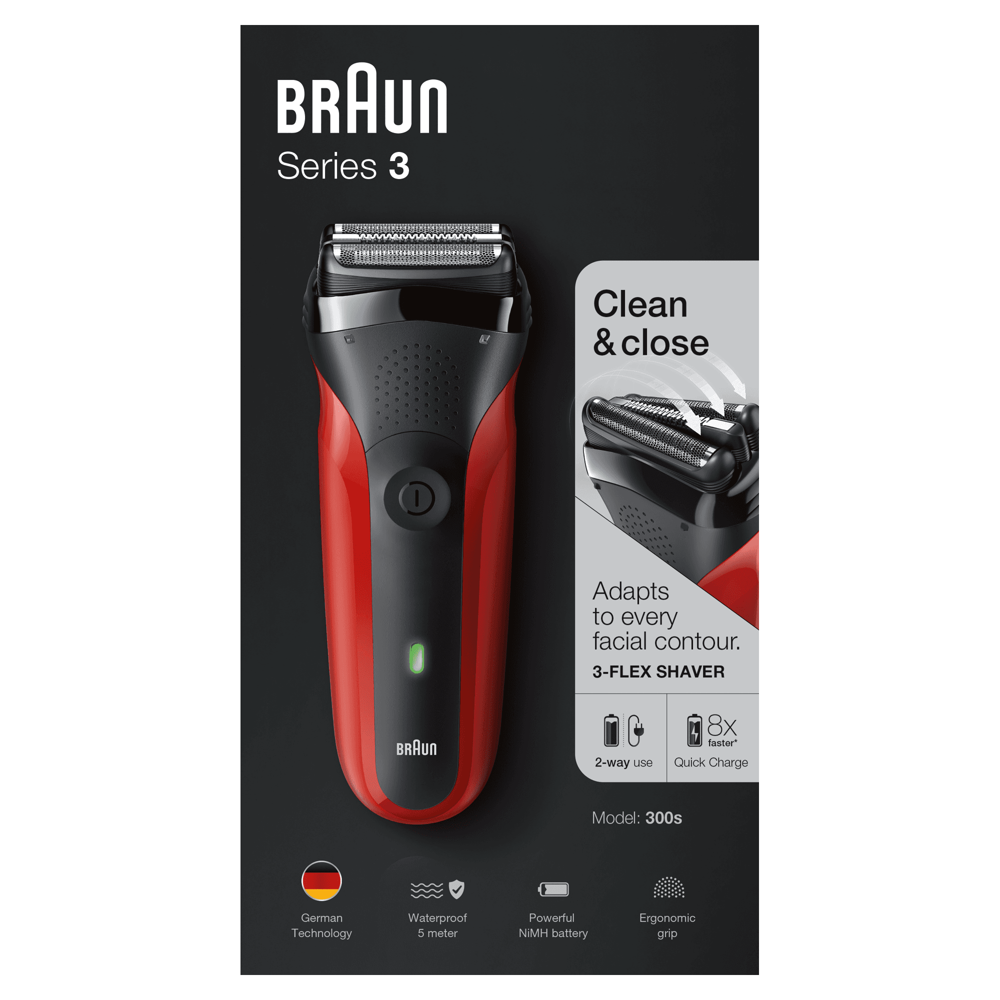 Braun Series 3 300s Rasoio Elettrico Ricaricabile, Rasoio Da Barba Per Uomo, Rosso