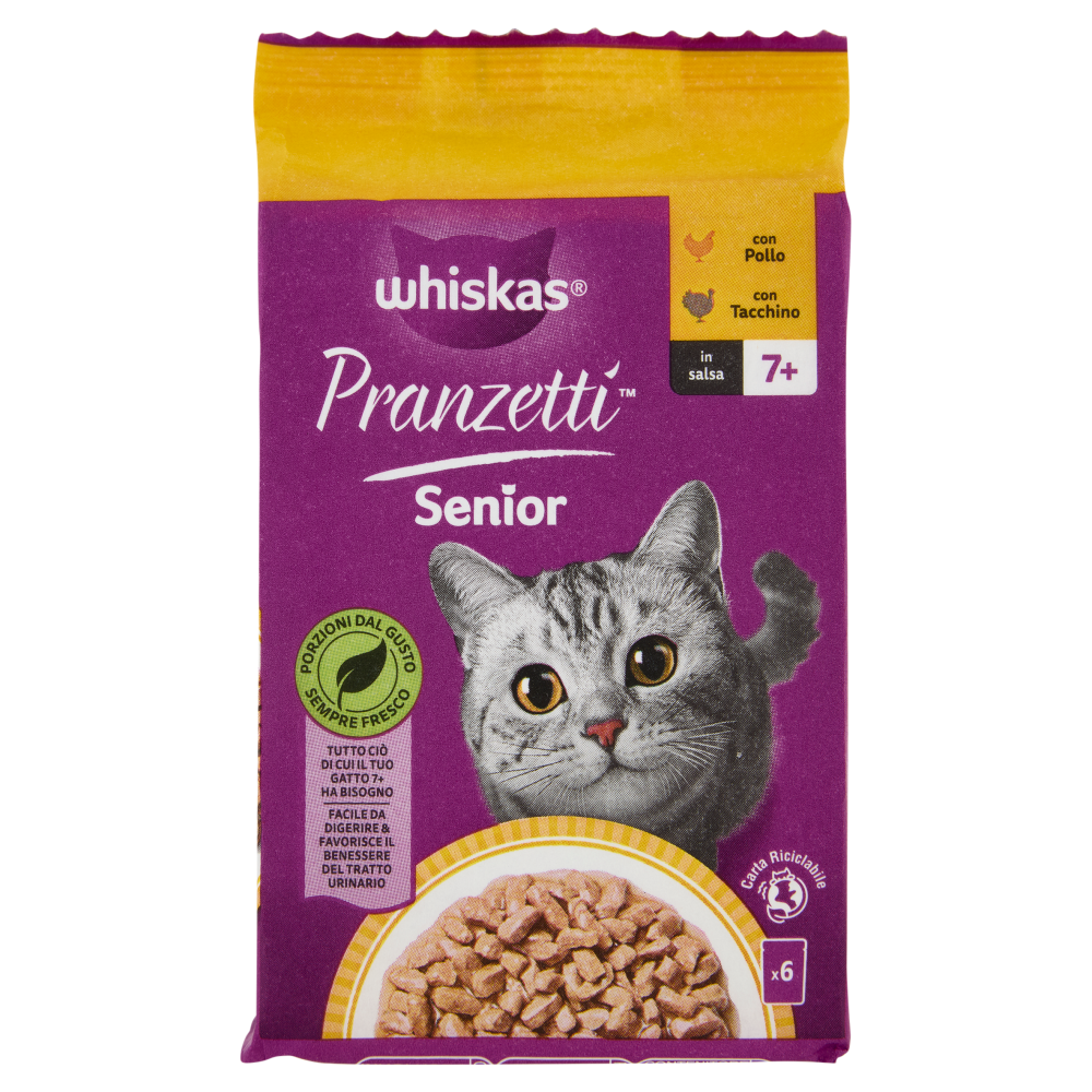 Whiskas Pranzetti Senior Cibo Umido Gatto con Pollo e Tacchino in Salsa 6x50g