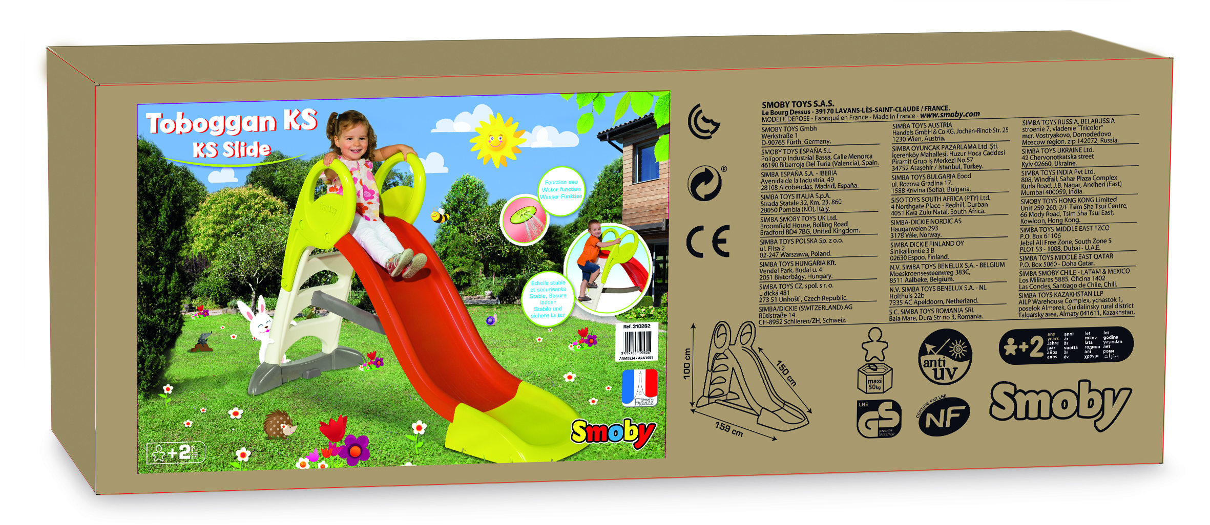 Smoby Scivolo KS water fun, 159x68x100cm; Scivolo sicuro ed ergonomico. Scaletta con maniglioni di spinta e gradino antiscivolo. Struttura in plastica soffiata, trattamento anti-UV, Sistema water fun, lunghezza discesa scivolo 150 cm, et&agrave; consigliata: +