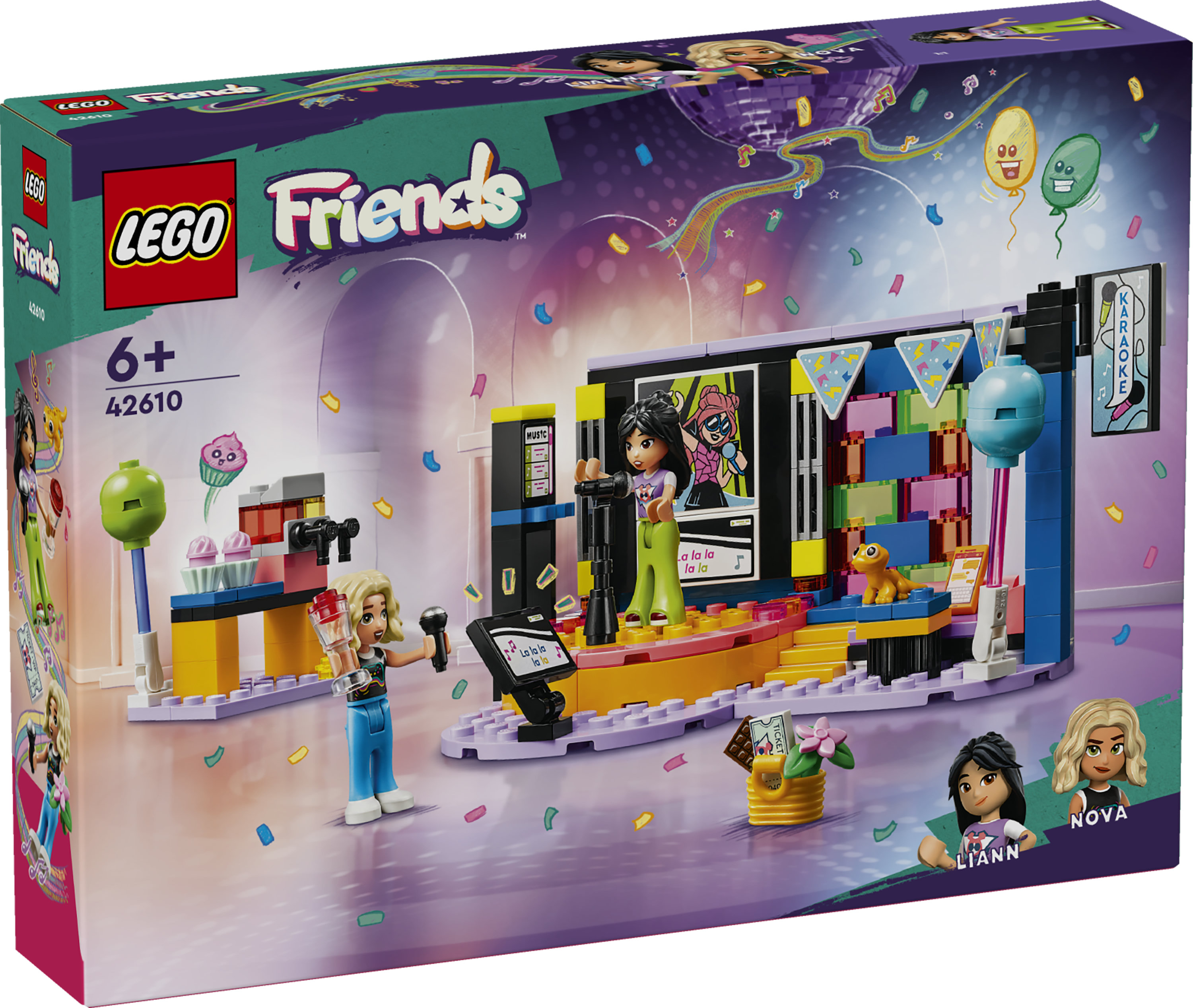 LEGO Friends 42610 Karaoke Party, Giochi Musicali per Bambini di 6+ Anni con Palco Girevole e 2 Mini Bamboline di Liann e Nova