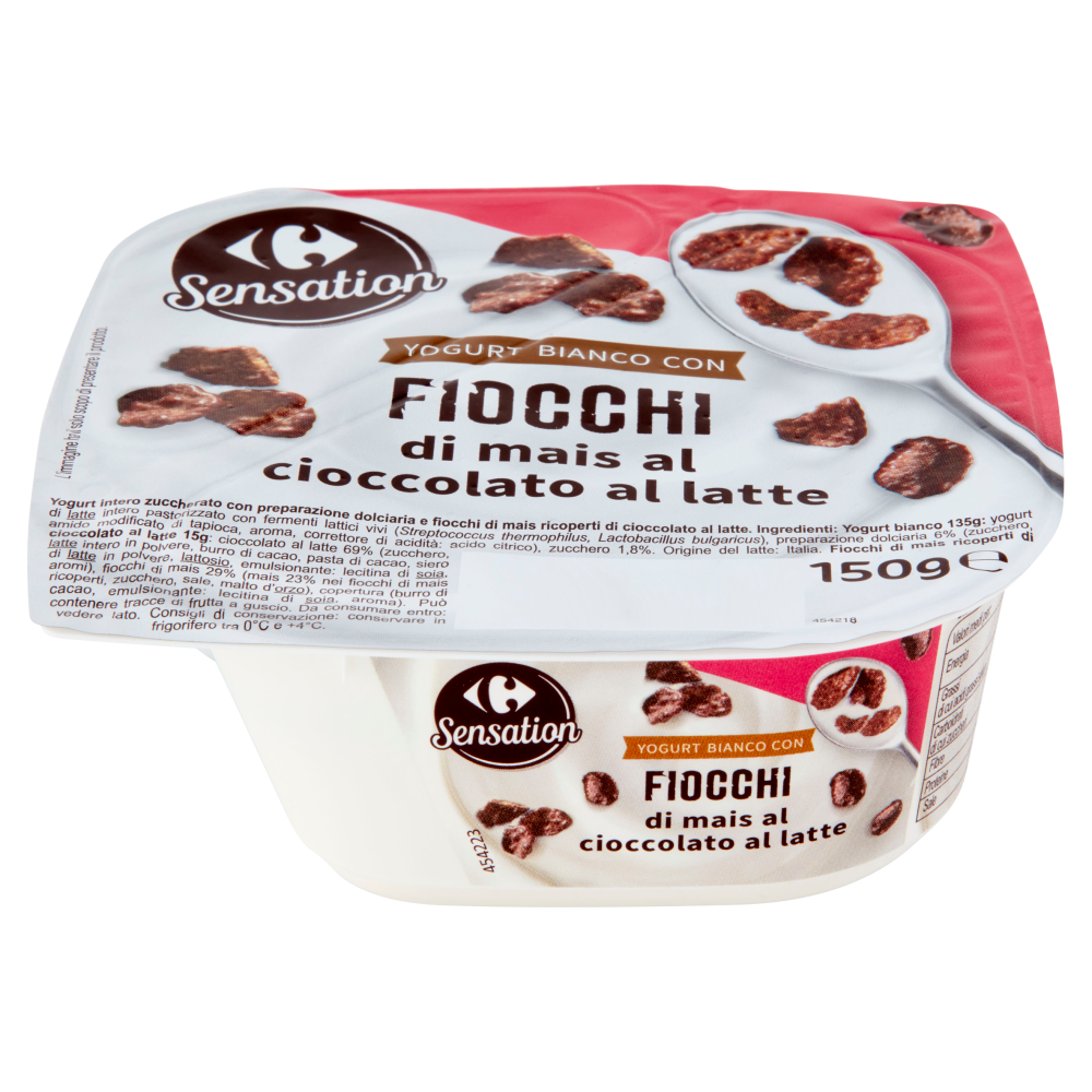 Carrefour Sensation Yogurt Bianco con Fiocchi di mais al cioccolato al latte 150 g