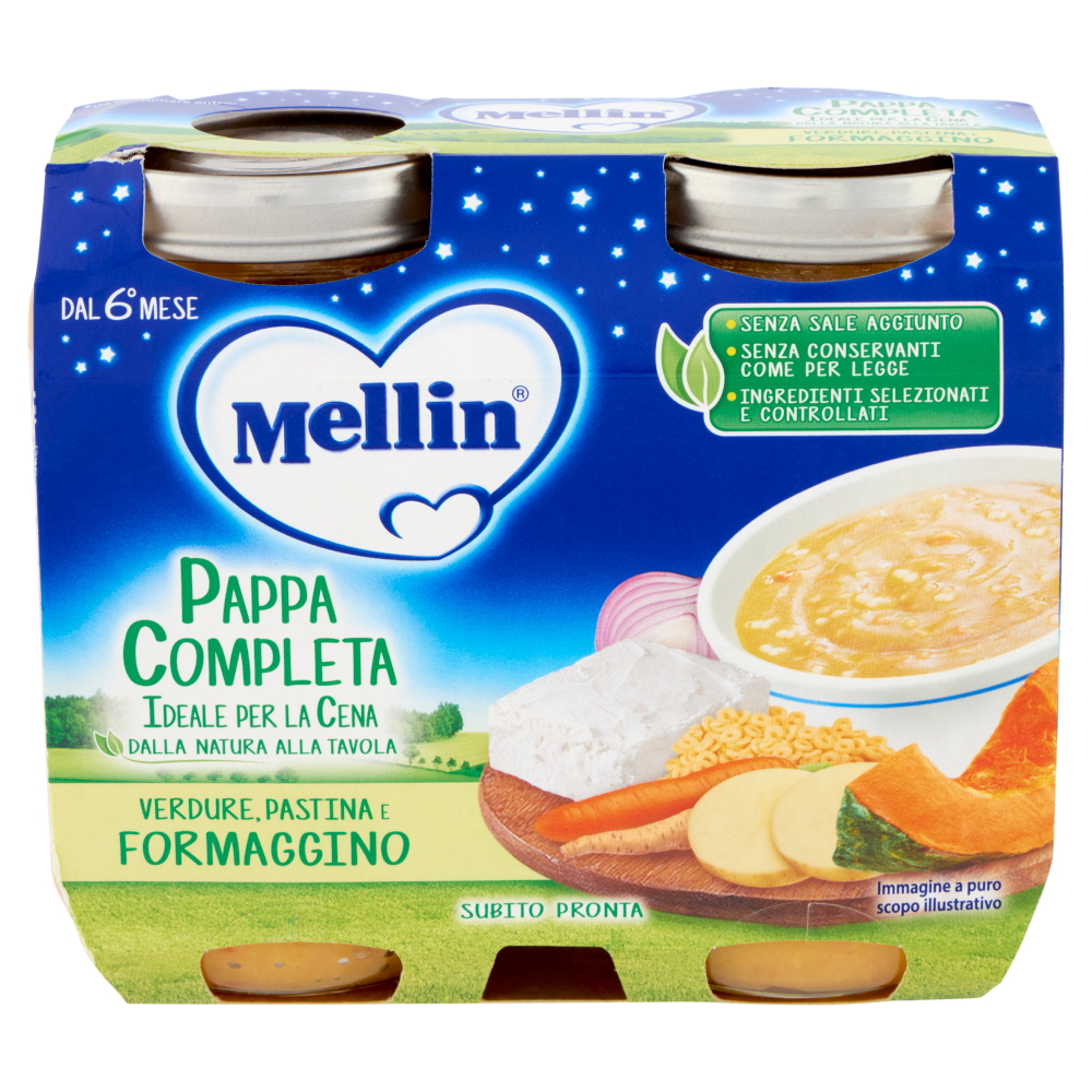 MELLIN Pappa Completa ideale per la Cena, Pastina Verdure Formaggino, dal 6&deg; mese, 2x200g