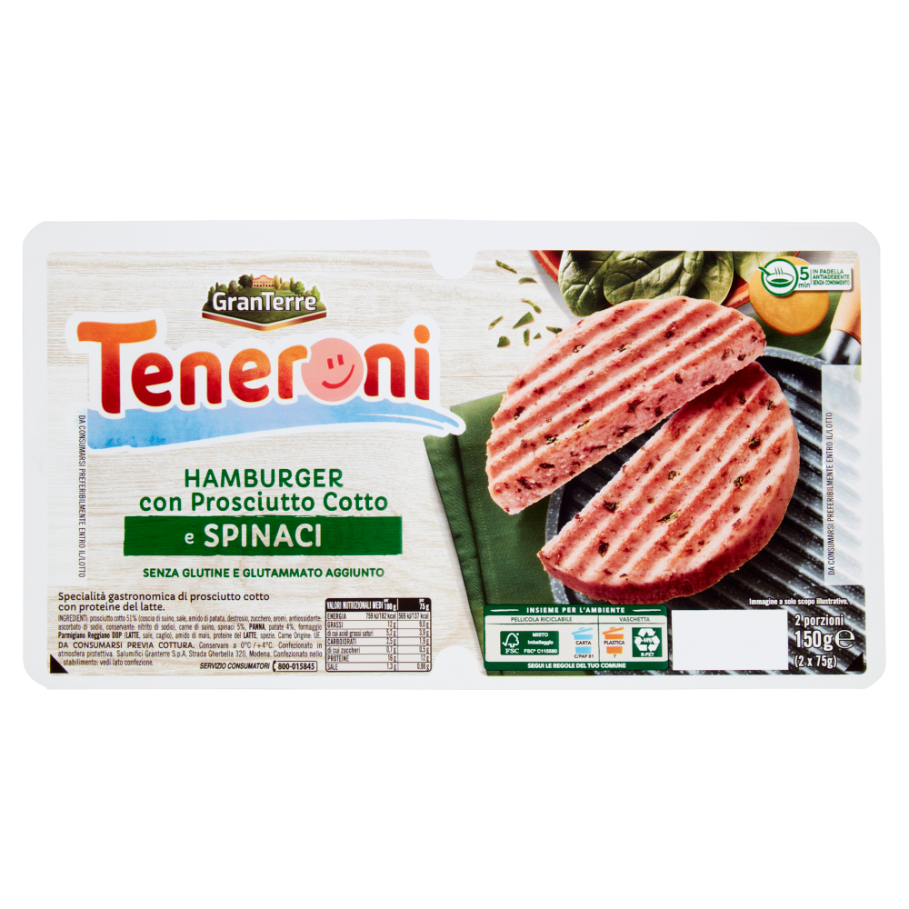 Teneroni Hamburger con Prosciutto Cotto e Spinaci 2 x 75 g